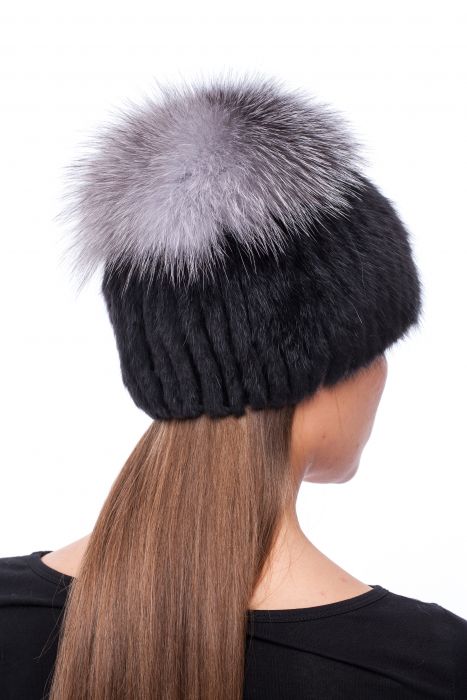 Hat with Wide Pompom Knitted Mink Black/Silver Fox