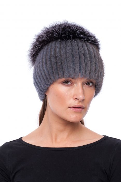 Hat with Wide Pompom Knitted Mink Grey/Silver fox