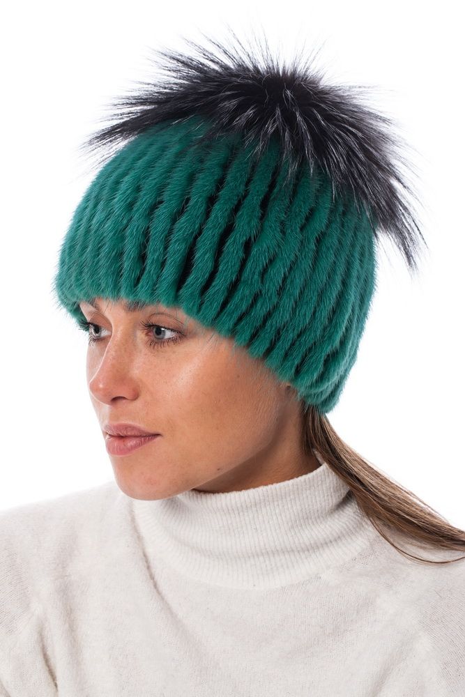 Hat with Wide Pompom Knitted Mink Green/Green