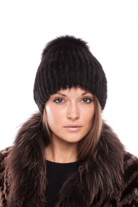 Knitted hat Sport with mink/fox (brown/brown)