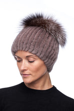 Load image into Gallery viewer, Knitted Hat with Mink/fox (beige/golden blue silver)
