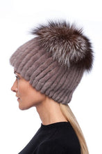 Load image into Gallery viewer, Knitted Hat with Mink/fox (beige/golden blue silver)
